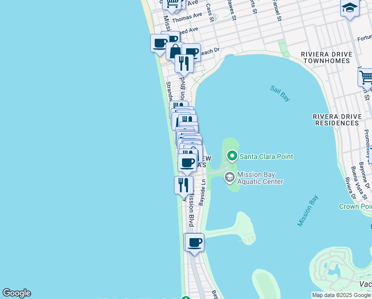 map of restaurants, bars, coffee shops, grocery stores, and more near 3790 Mission Boulevard in San Diego