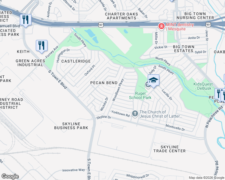 map of restaurants, bars, coffee shops, grocery stores, and more near 3201 Colby Circle in Mesquite