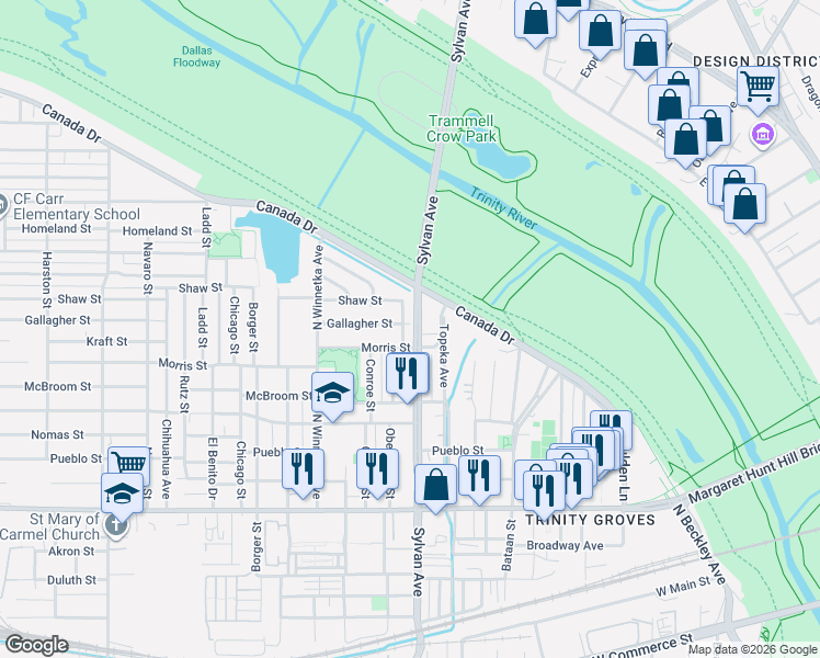map of restaurants, bars, coffee shops, grocery stores, and more near 3402 Sylvan Avenue in Dallas