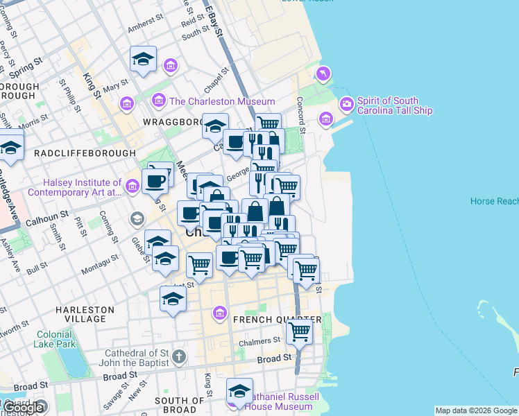 map of restaurants, bars, coffee shops, grocery stores, and more near 287 East Bay Street in Charleston