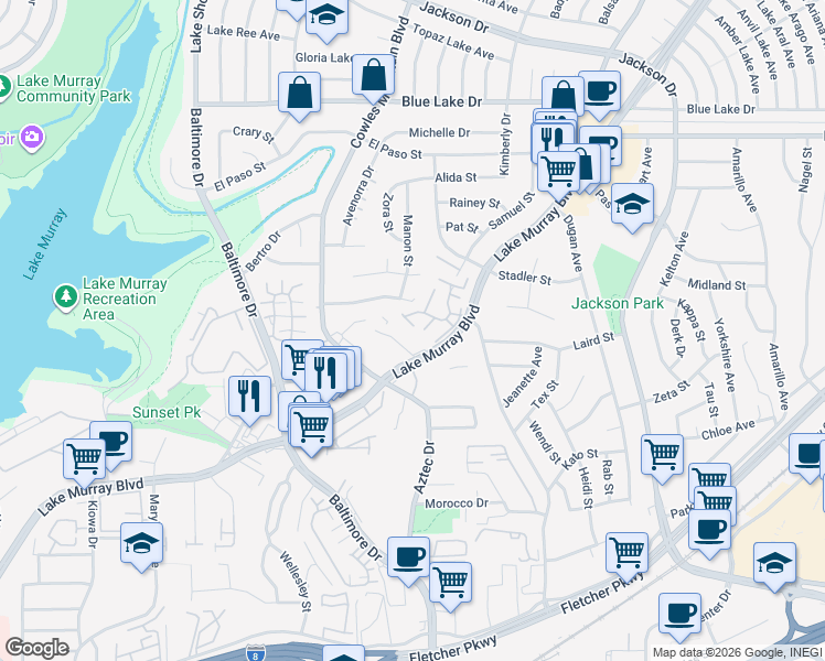 map of restaurants, bars, coffee shops, grocery stores, and more near 5740 Lake Murray Boulevard in La Mesa