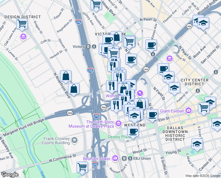 map of restaurants, bars, coffee shops, grocery stores, and more near 2160 Victory Avenue in Dallas