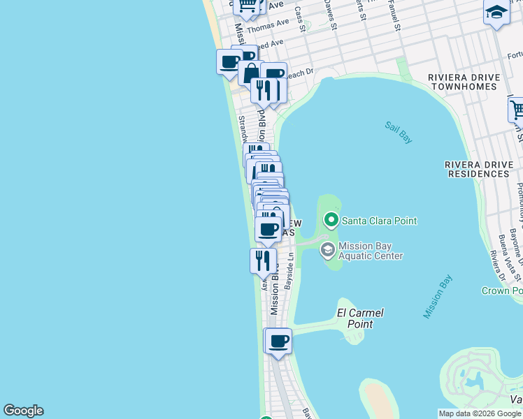 map of restaurants, bars, coffee shops, grocery stores, and more near 3773 Strandway in San Diego