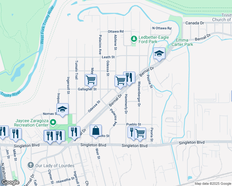 map of restaurants, bars, coffee shops, grocery stores, and more near 4840 Bernal Drive in Dallas