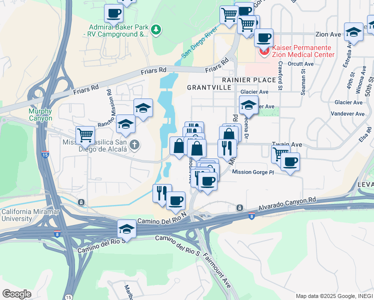 map of restaurants, bars, coffee shops, grocery stores, and more near 10969 San Diego Mission Road in San Diego