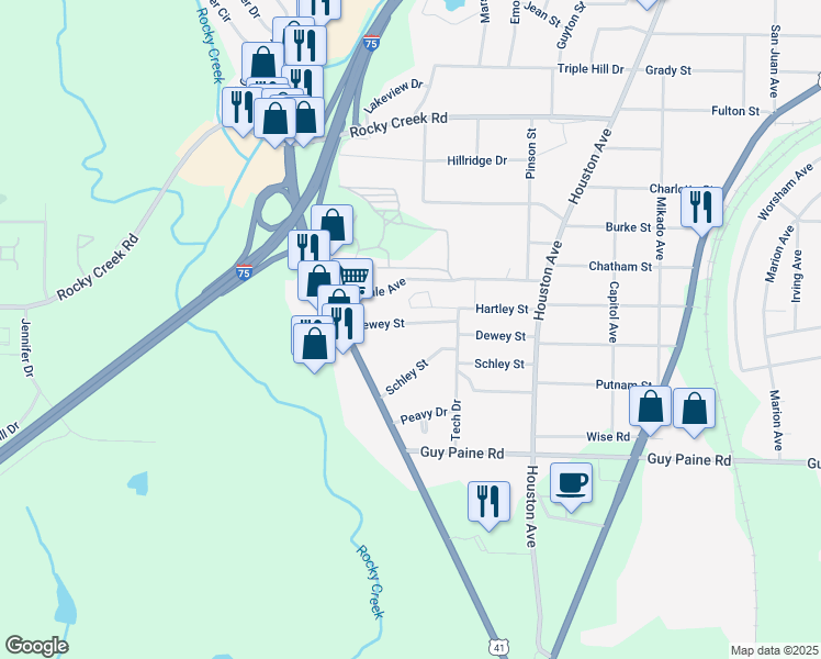 map of restaurants, bars, coffee shops, grocery stores, and more near 1346 Dewey Street in Macon