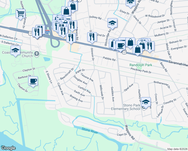 map of restaurants, bars, coffee shops, grocery stores, and more near 346 Cessna Avenue in Charleston