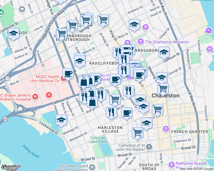 map of restaurants, bars, coffee shops, grocery stores, and more near 57 Pitt Street in Charleston
