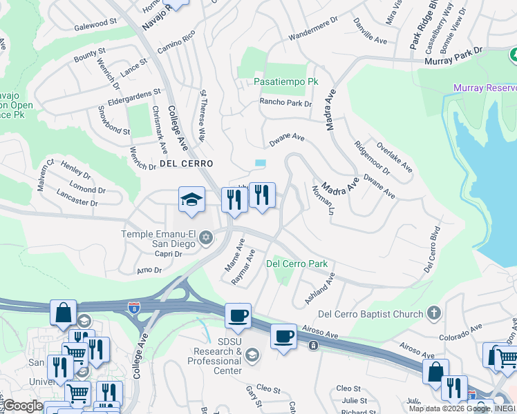 map of restaurants, bars, coffee shops, grocery stores, and more near 6376 Del Cerro Boulevard in San Diego