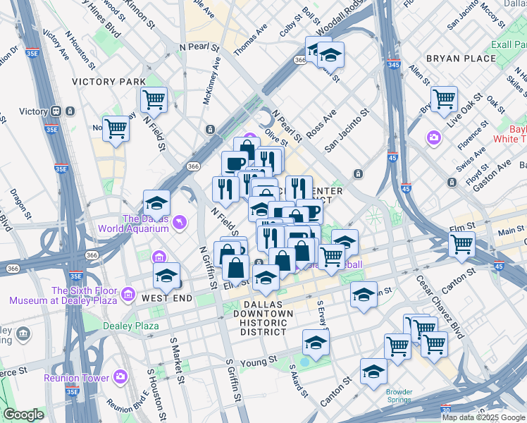 map of restaurants, bars, coffee shops, grocery stores, and more near 511 North Akard Street in Dallas