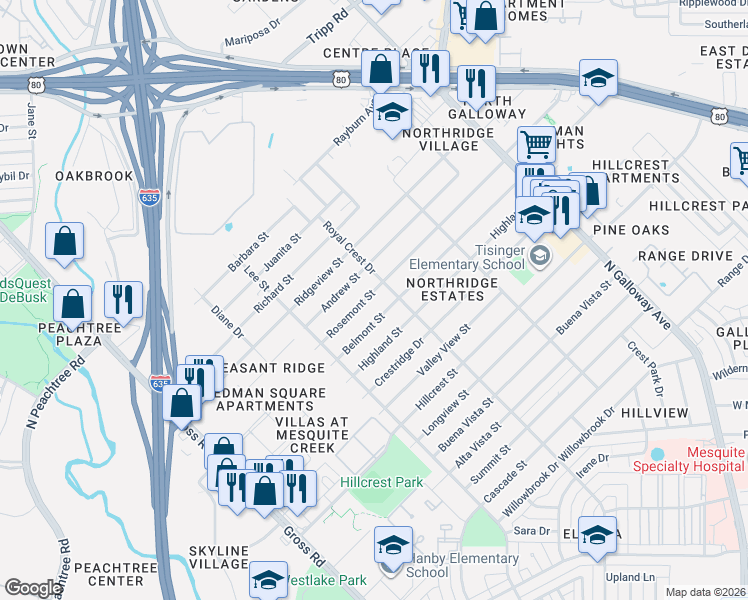 map of restaurants, bars, coffee shops, grocery stores, and more near 1413 Belmont Street in Mesquite