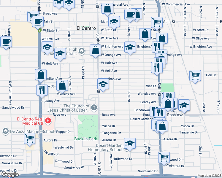 map of restaurants, bars, coffee shops, grocery stores, and more near 950 South 7th Street in El Centro