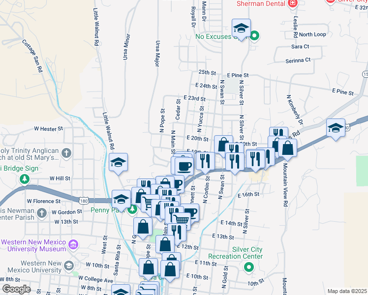 map of restaurants, bars, coffee shops, grocery stores, and more near 1815 North Juniper Avenue in Silver City