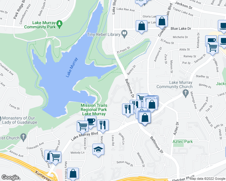 map of restaurants, bars, coffee shops, grocery stores, and more near 5700 Baltimore Drive in La Mesa