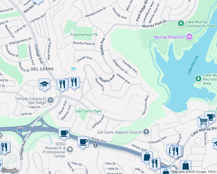 map of restaurants, bars, coffee shops, grocery stores, and more near 6508 Norman Lane in San Diego