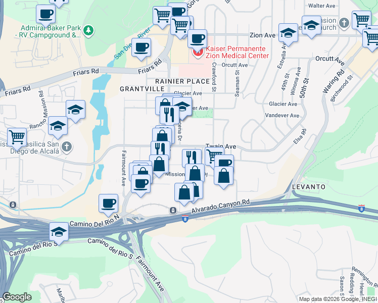 map of restaurants, bars, coffee shops, grocery stores, and more near 4571 Twain Avenue in San Diego