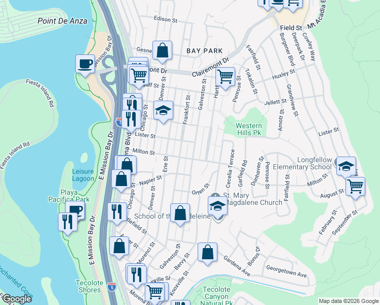 map of restaurants, bars, coffee shops, grocery stores, and more near 4575 Milton Street in San Diego