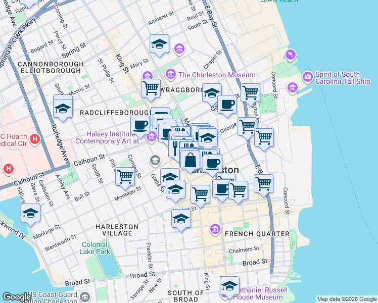 map of restaurants, bars, coffee shops, grocery stores, and more near 76 Society Street in Charleston