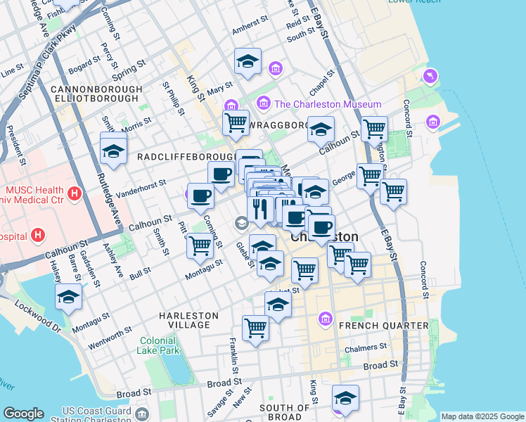 map of restaurants, bars, coffee shops, grocery stores, and more near 318 King Street in Charleston