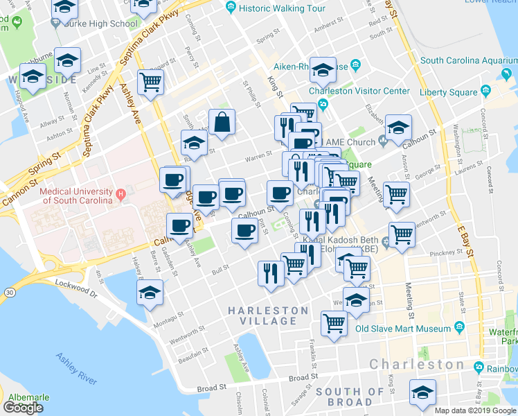 map of restaurants, bars, coffee shops, grocery stores, and more near 57 Pitt Street in Charleston