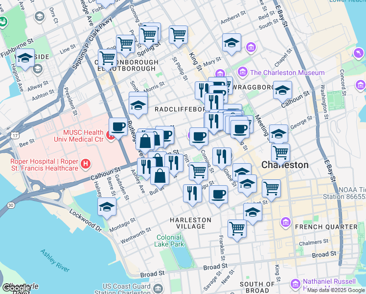 map of restaurants, bars, coffee shops, grocery stores, and more near 57 Pitt Street in Charleston