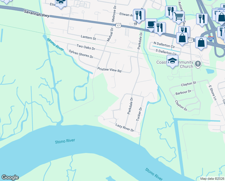 map of restaurants, bars, coffee shops, grocery stores, and more near 2335 Park Stone Drive in Charleston