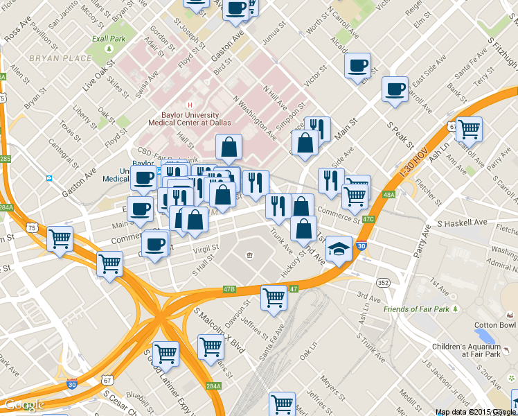 map of restaurants, bars, coffee shops, grocery stores, and more near 3223 Canton Street in Dallas