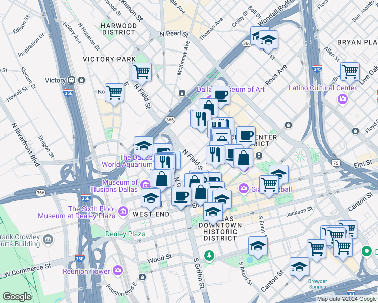 map of restaurants, bars, coffee shops, grocery stores, and more near 1445 Ross Avenue in Dallas