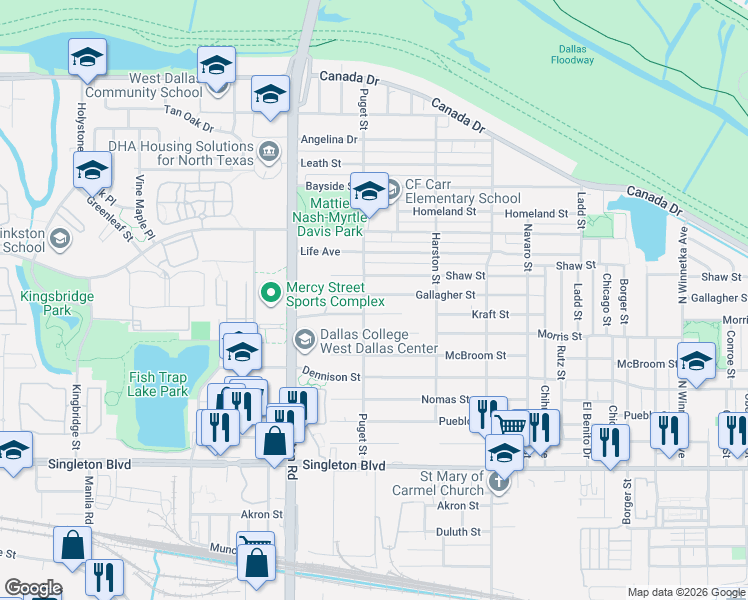 map of restaurants, bars, coffee shops, grocery stores, and more near 2002 Kraft Street in Dallas
