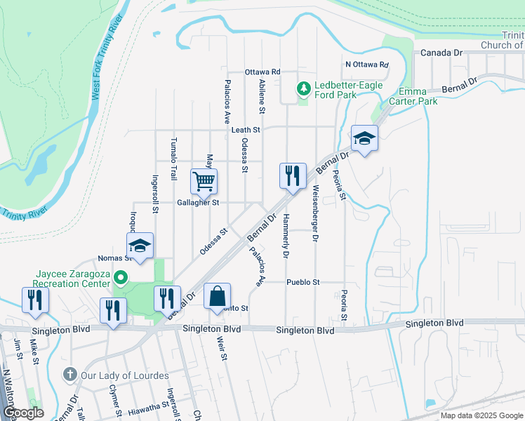 map of restaurants, bars, coffee shops, grocery stores, and more near 4840 Bernal Drive in Dallas