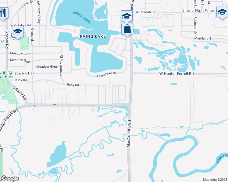 map of restaurants, bars, coffee shops, grocery stores, and more near 2805 Bridge Lake Drive in Irving
