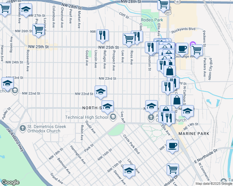 map of restaurants, bars, coffee shops, grocery stores, and more near 2113 Lee Avenue in Fort Worth
