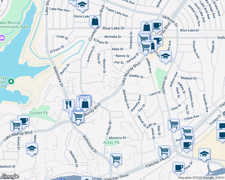 map of restaurants, bars, coffee shops, grocery stores, and more near 5800 Lake Murray Boulevard in La Mesa