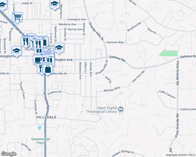 map of restaurants, bars, coffee shops, grocery stores, and more near 1680 Raynell Way in El Cajon