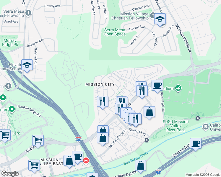 map of restaurants, bars, coffee shops, grocery stores, and more near 2735 Piantino Circle in San Diego