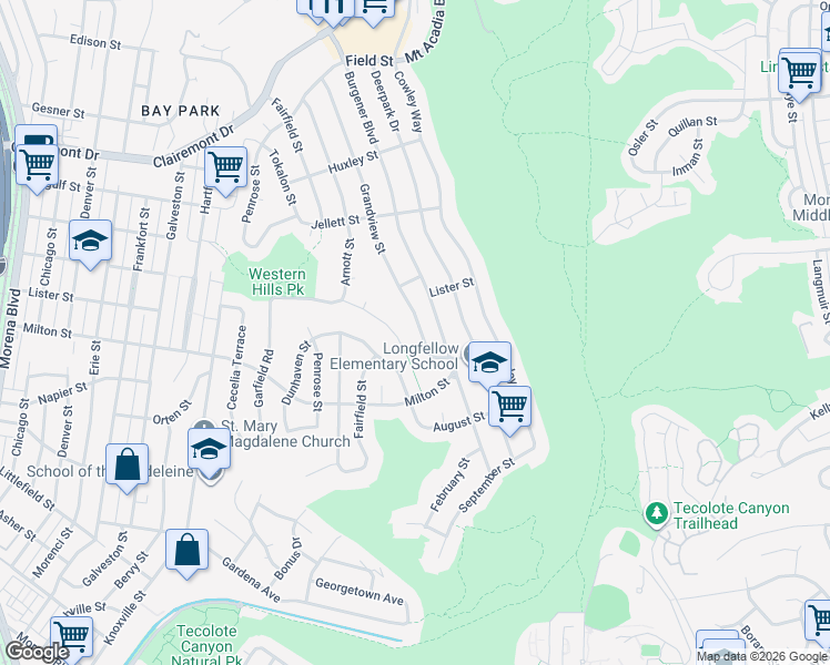 map of restaurants, bars, coffee shops, grocery stores, and more near 2328 Grandview Street in San Diego