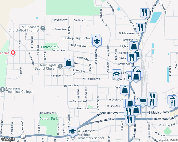 map of restaurants, bars, coffee shops, grocery stores, and more near 701 Van Avenue in Bastrop