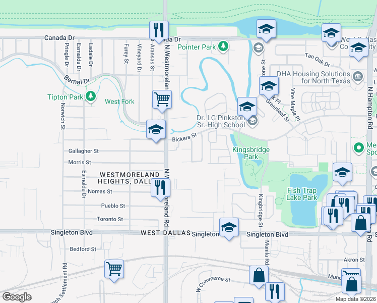 map of restaurants, bars, coffee shops, grocery stores, and more near 3500 Melinda Hills Drive in Dallas