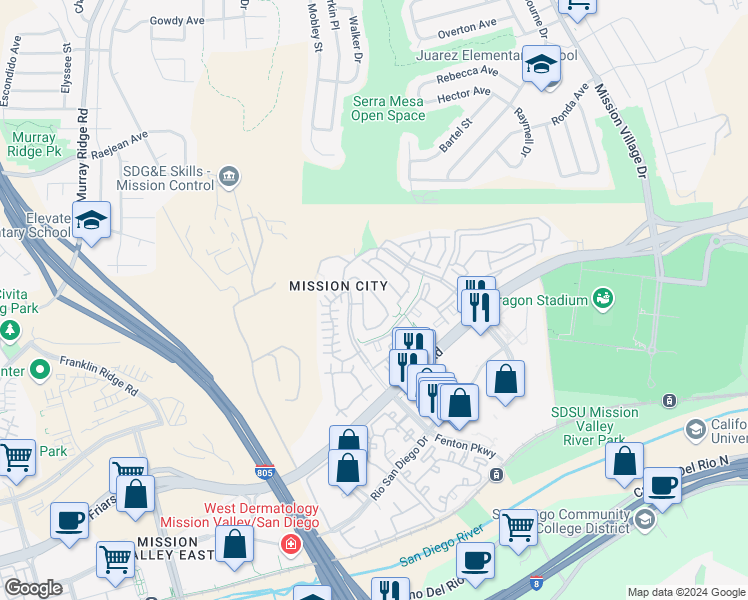 map of restaurants, bars, coffee shops, grocery stores, and more near 2695 Piantino Circle in San Diego