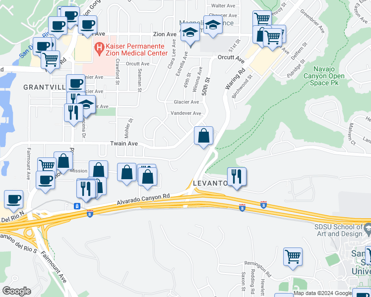 map of restaurants, bars, coffee shops, grocery stores, and more near 4920 Elsa Road in San Diego