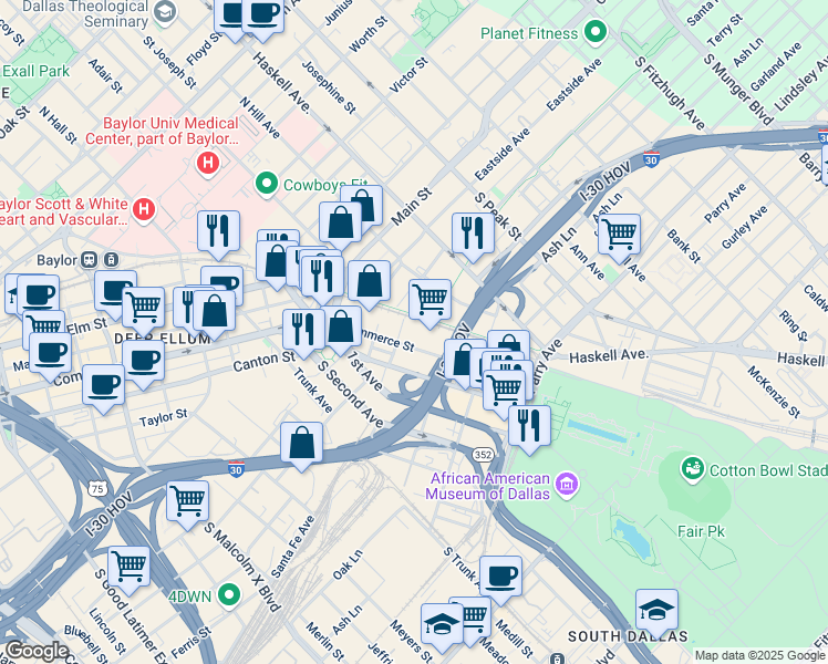 map of restaurants, bars, coffee shops, grocery stores, and more near 3900 Commerce Street in Dallas