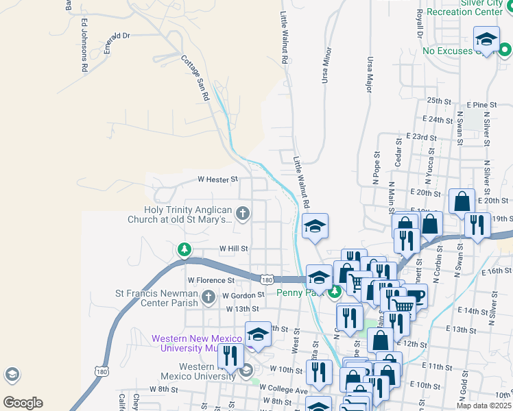 map of restaurants, bars, coffee shops, grocery stores, and more near 1803 North Georgia Street in Silver City