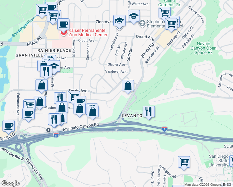 map of restaurants, bars, coffee shops, grocery stores, and more near 4920 Elsa Road in San Diego