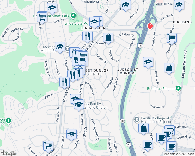 map of restaurants, bars, coffee shops, grocery stores, and more near 2223 West Dunlop Street in San Diego