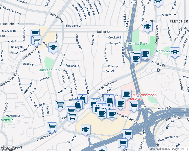 map of restaurants, bars, coffee shops, grocery stores, and more near 5805 Nagel Street in La Mesa
