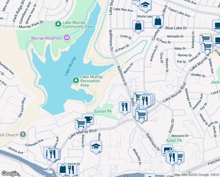 map of restaurants, bars, coffee shops, grocery stores, and more near 5706 Baltimore Drive in La Mesa