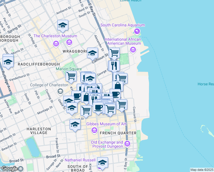 map of restaurants, bars, coffee shops, grocery stores, and more near 53 Anson Street in Charleston