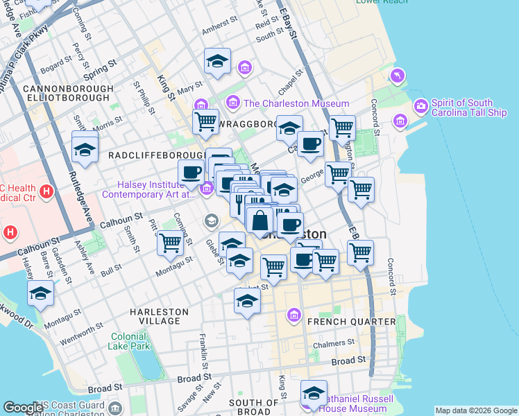 map of restaurants, bars, coffee shops, grocery stores, and more near 76 Society Street in Charleston