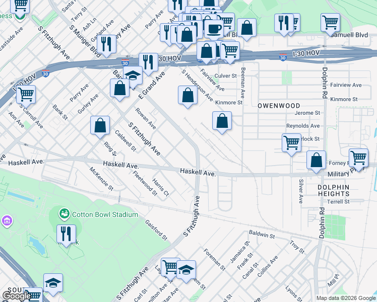 map of restaurants, bars, coffee shops, grocery stores, and more near 1525 Barry Avenue in Dallas
