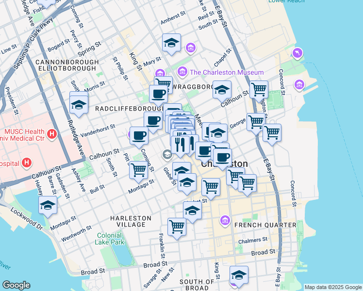 map of restaurants, bars, coffee shops, grocery stores, and more near 30 Saint Philip Street in Charleston